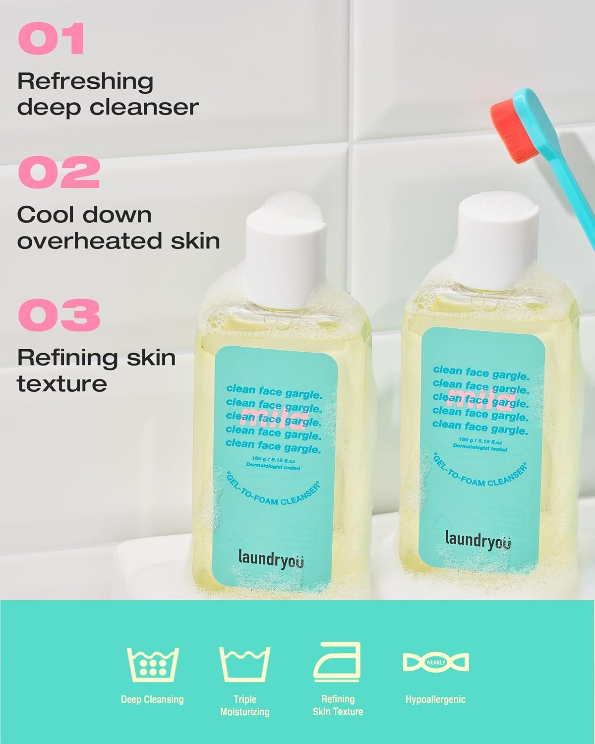 LAUNDRYOU Clean Face Gargle Gel-to-Foam Cleanser Mild 5.64 fl oz