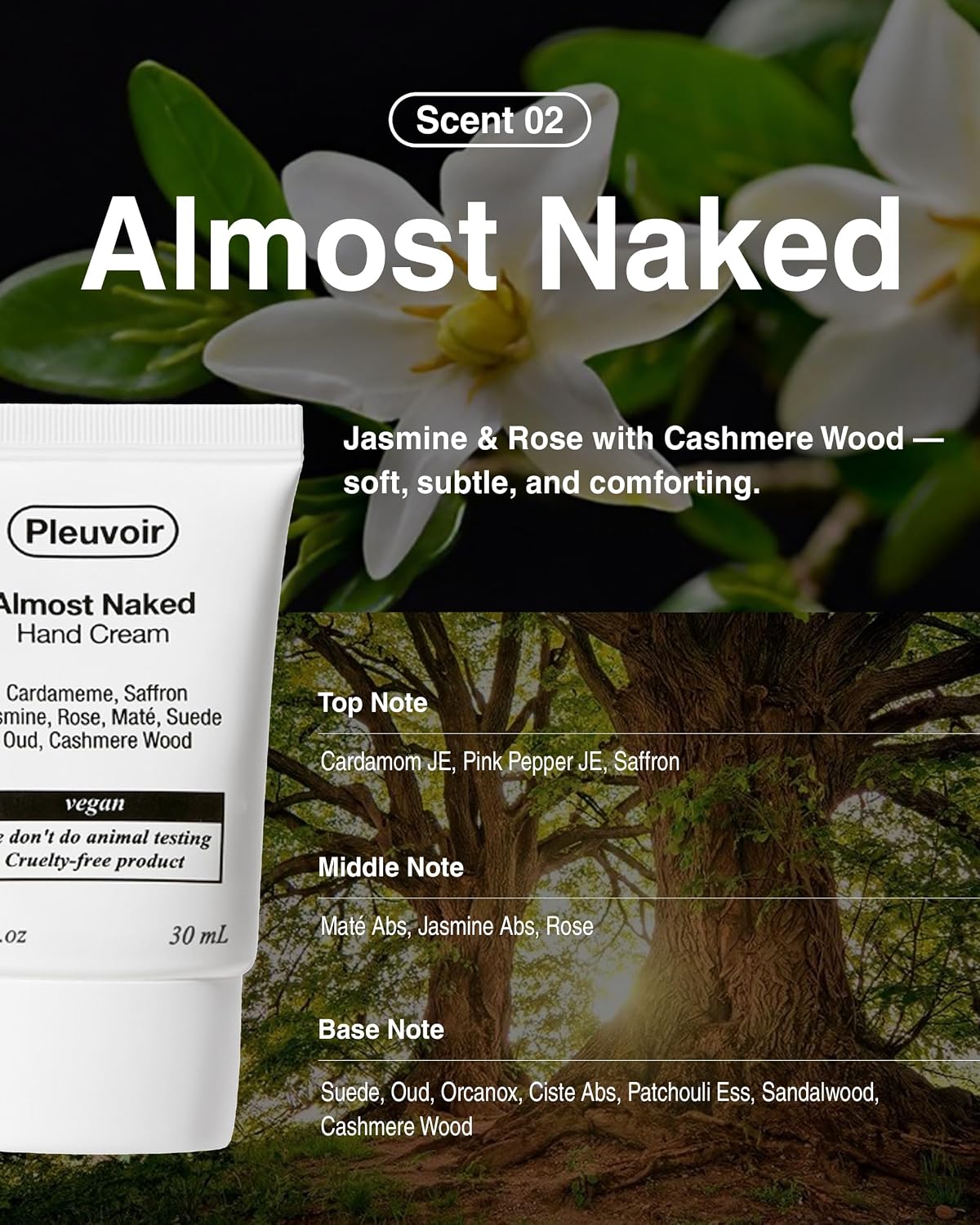 Pleuvoir Almost Naked Hand Cream Jasmine Rose Cashmere Wood 1 oz