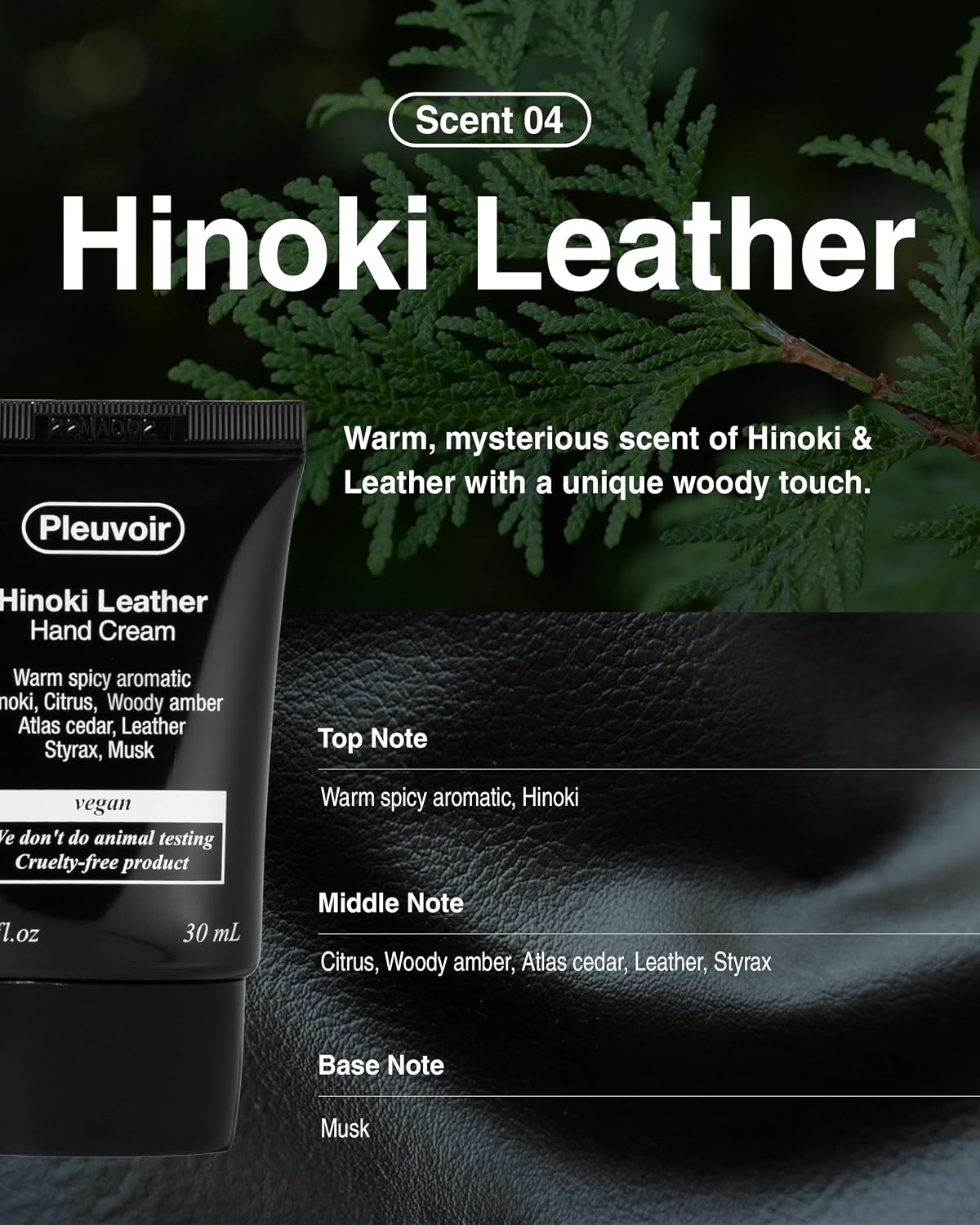 Pleuvoir Hinoki Leather Perfume Hand Cream Spicy Woody Niche Fragrance 1 oz