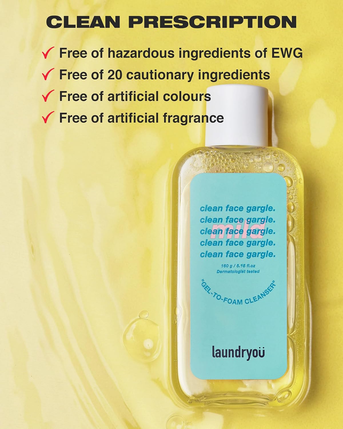 LAUNDRYOU Clean Face Gargle Gel-to-Foam Cleanser Mild 5.64 fl oz