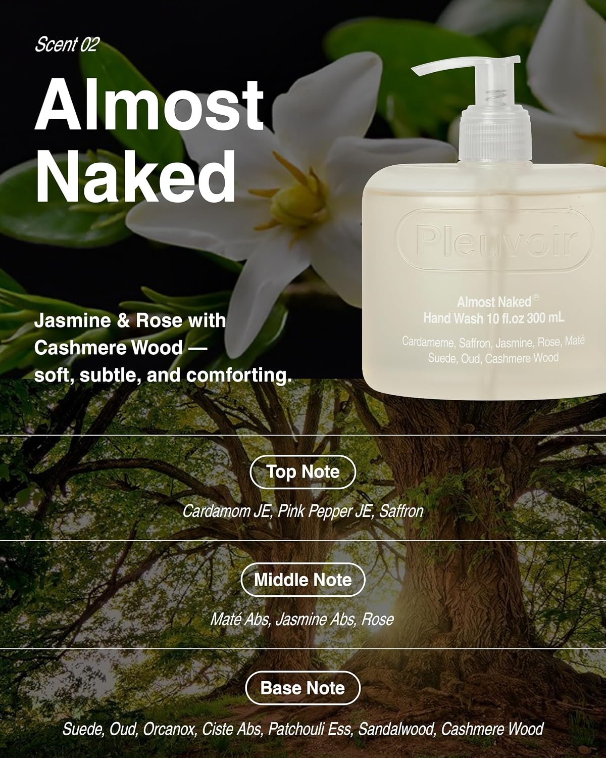 Pleuvoir Almost Naked Luxury Hand Wash Jasmine Rose Cashmere Wood 10 fl oz