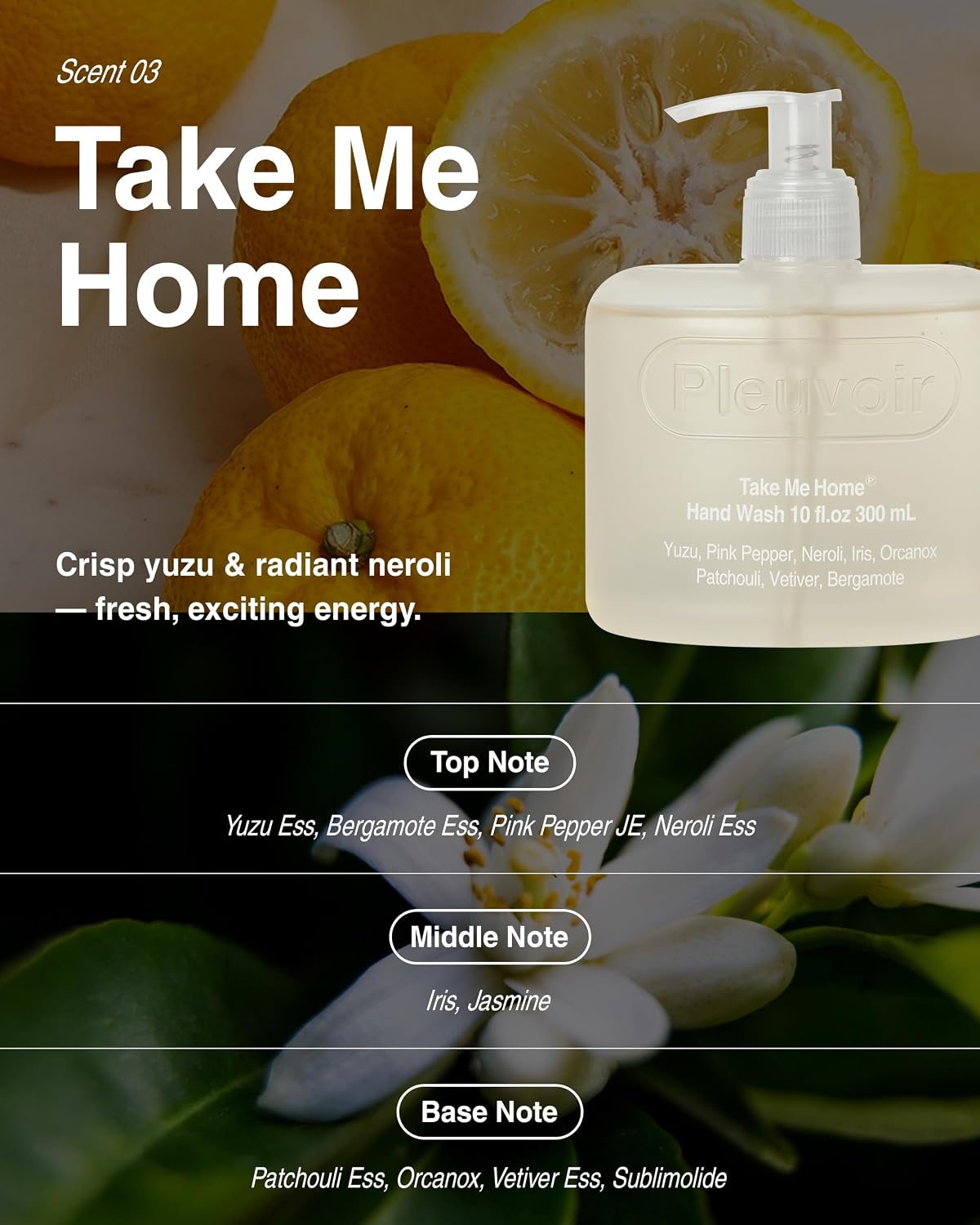 Pleuvoir Hand Wash Take Me Home Hydrating Liquid Soap Yuzu Neroli 10 fl oz