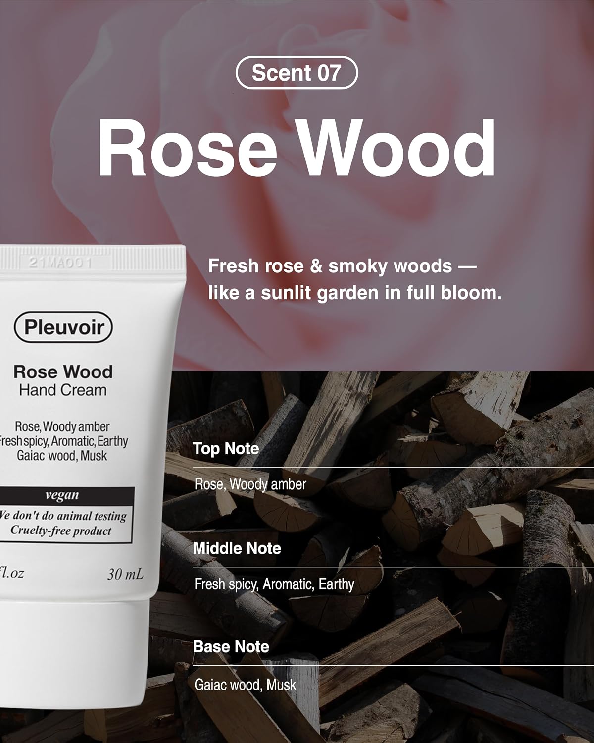 Pleuvoir Rose Wood Perfume Hand Cream for Men & Women, Modern Woody Rose Niche Fragrance, Travel Size with 5 Hyaluronic Acids, Shea Butter & Jojoba Oil, Non-Greasy K-Beauty, French MANE, Vegan 1 oz